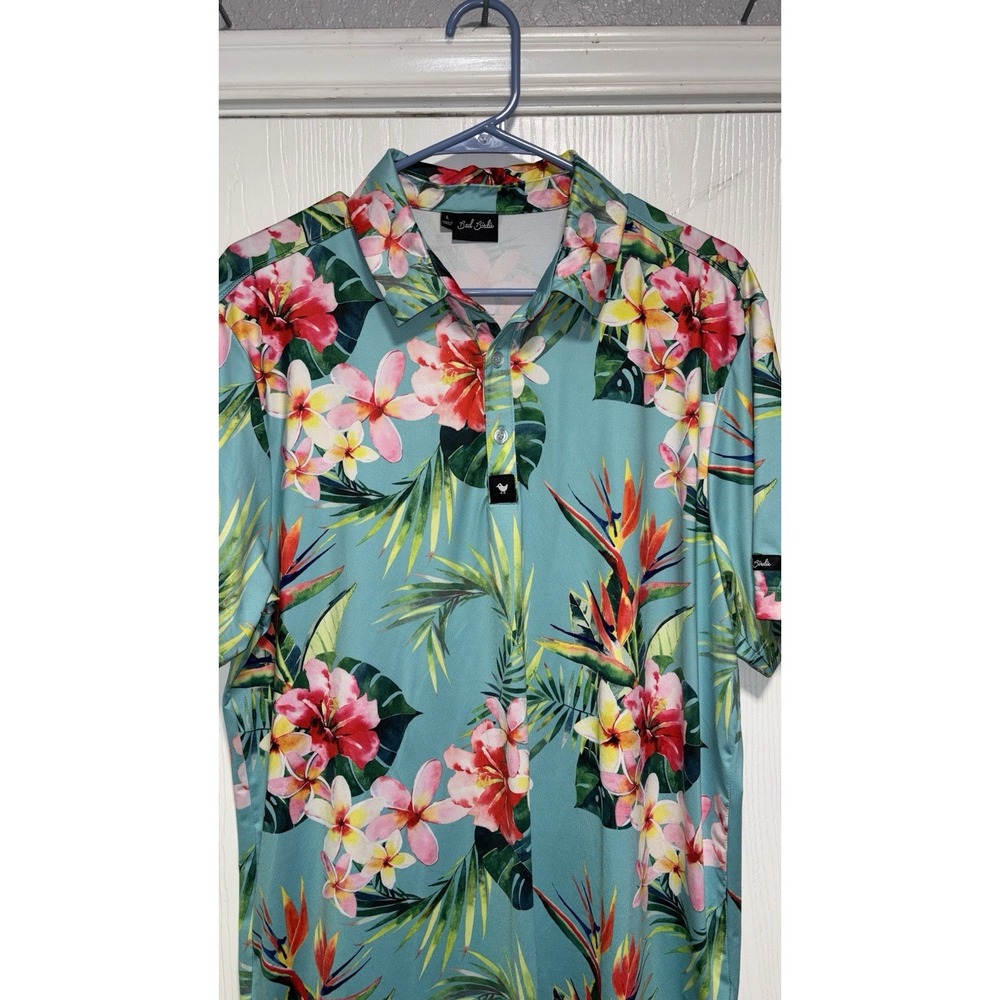 Bad Birdie Men's Large Tropical Floral Golf Polo Shirt Birds of Paradise